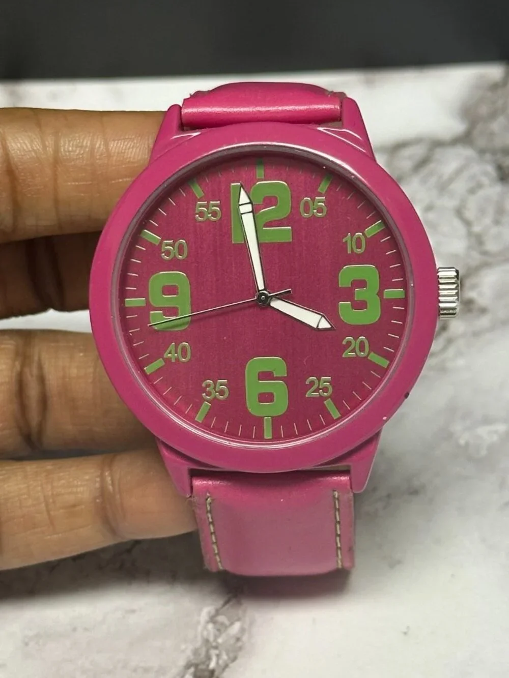 3/$30 Pink Watch Women Green Numbers Faux Leather Band Large Dial 9.5